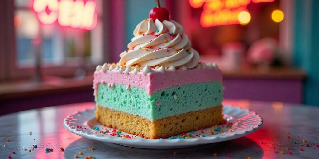 An ice cream cake with a festive topping, ready to be served at a party