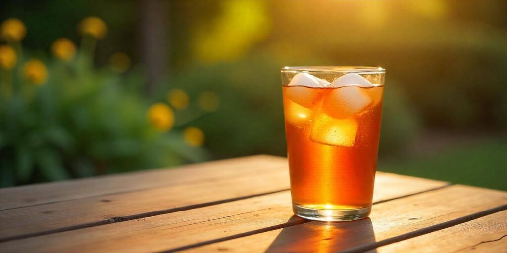 Freshly brewed sweet tea in a pitcher on a wooden table.