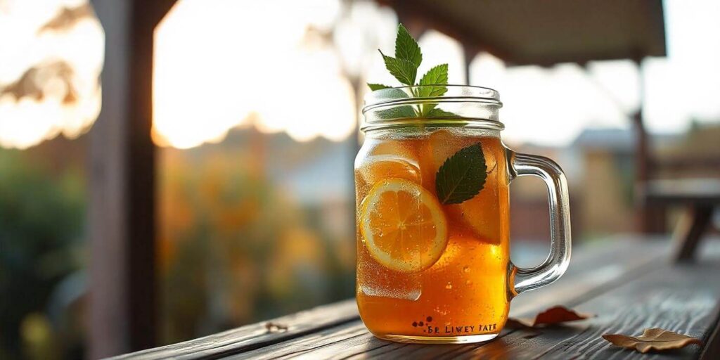 A glass of homemade sweet tea with ice and lemon slices.