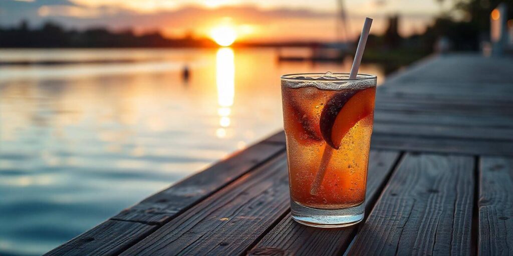 A close-up of iced sweet tea with condensation on the glass.