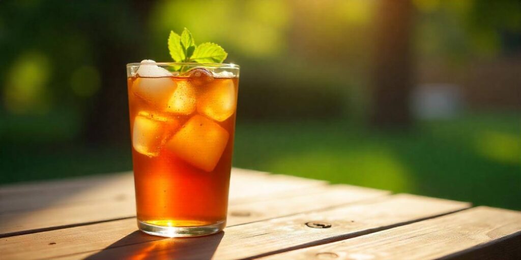 A hand pouring homemade sweet tea from a pitcher into a glass.