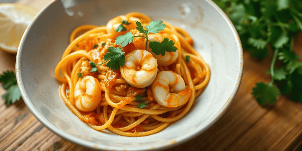 A bowl of Rasta Pasta with shrimp, creamy sauce, and colorful peppers