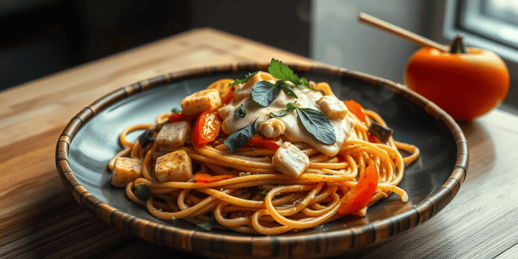 Close-up of Rasta Pasta topped with fresh herbs and Parmesan cheese