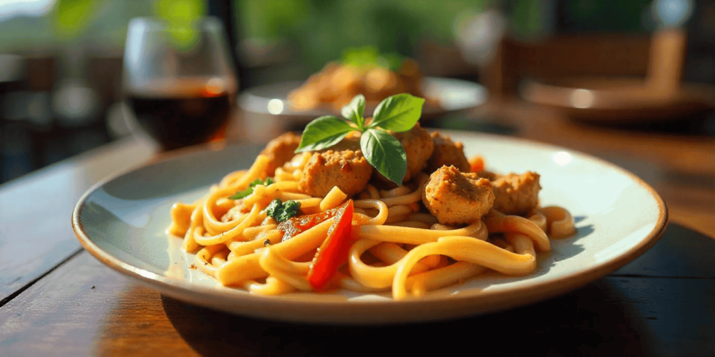 Jerk-seasoned chicken over a plate of creamy Rasta Pasta