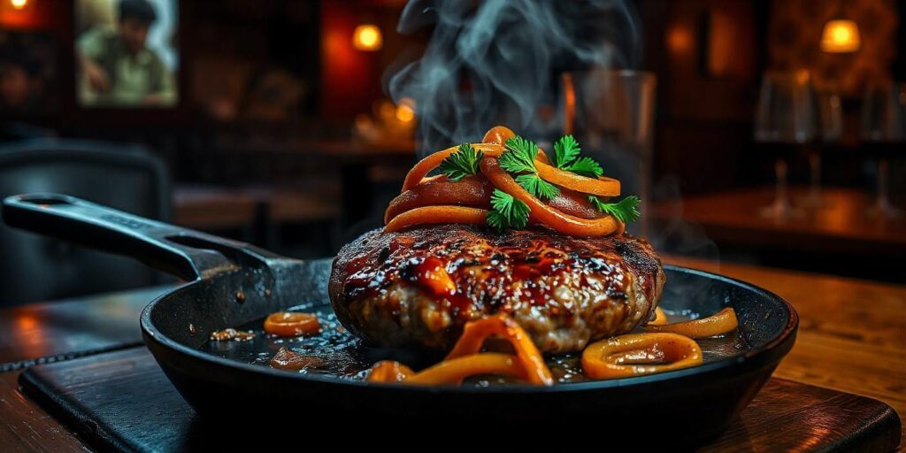 Juicy hamburger steak sizzling in a cast iron skillet