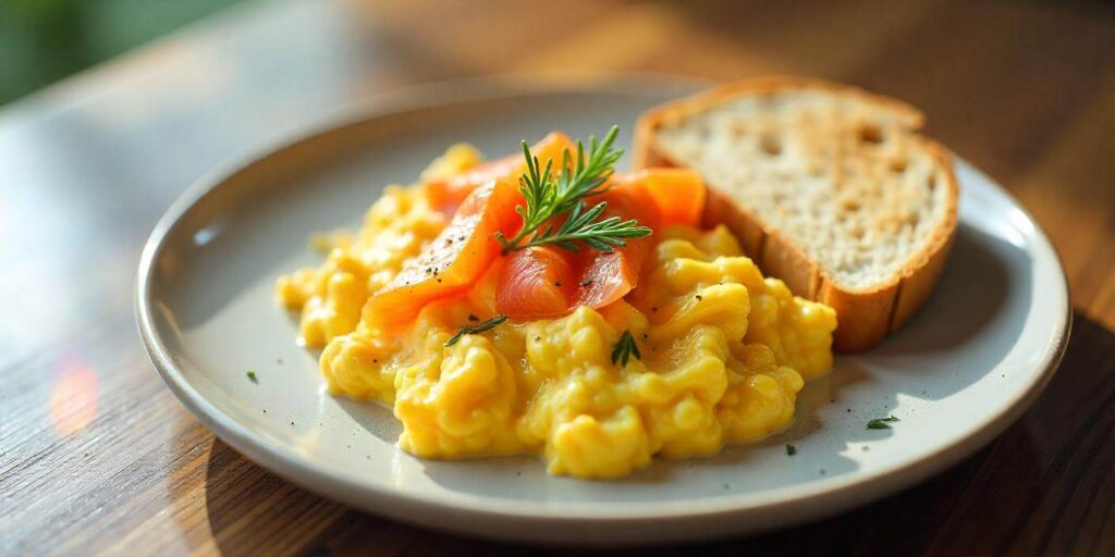 Scrambled eggs with cottage cheese on a breakfast plate, topped with a sprinkle of herbs