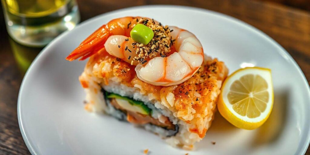 Sushi bake topped with shrimp