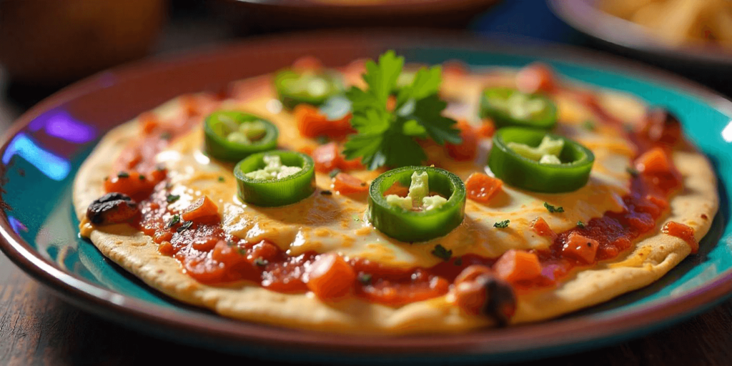 Mexican pizza fresh from the oven with a golden, crispy crust