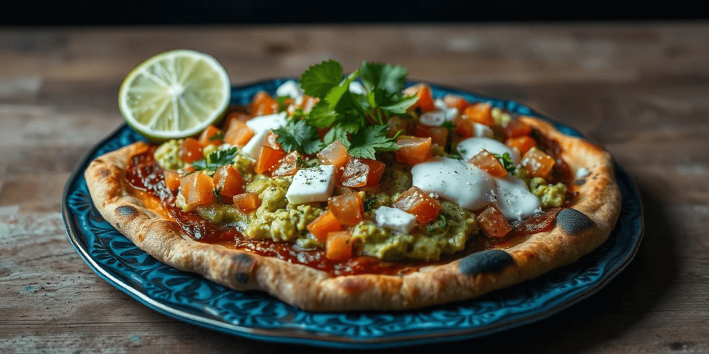 Layered Mexican pizza with seasoned beef and colorful toppings