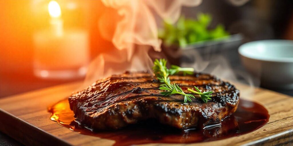 Close-up of tender, juicy ribeye roast with a crispy, golden crust