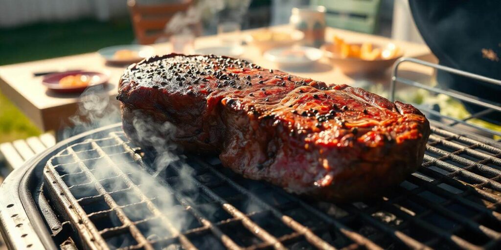 Ribeye roast on a serving platter with herbs and seasonings