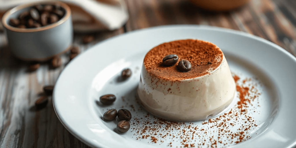 A creamy coffee panna cotta topped with cocoa powder and a coffee bean garnish.