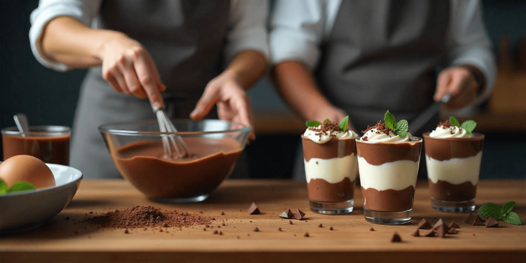 Three distinct layers of dark, milk, and white chocolate mousse in a glass dessert cup.