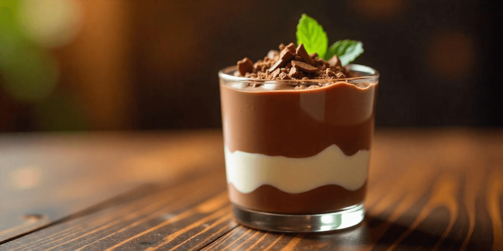 layered chocolate trilogy mousse with dark, milk, and white chocolate.