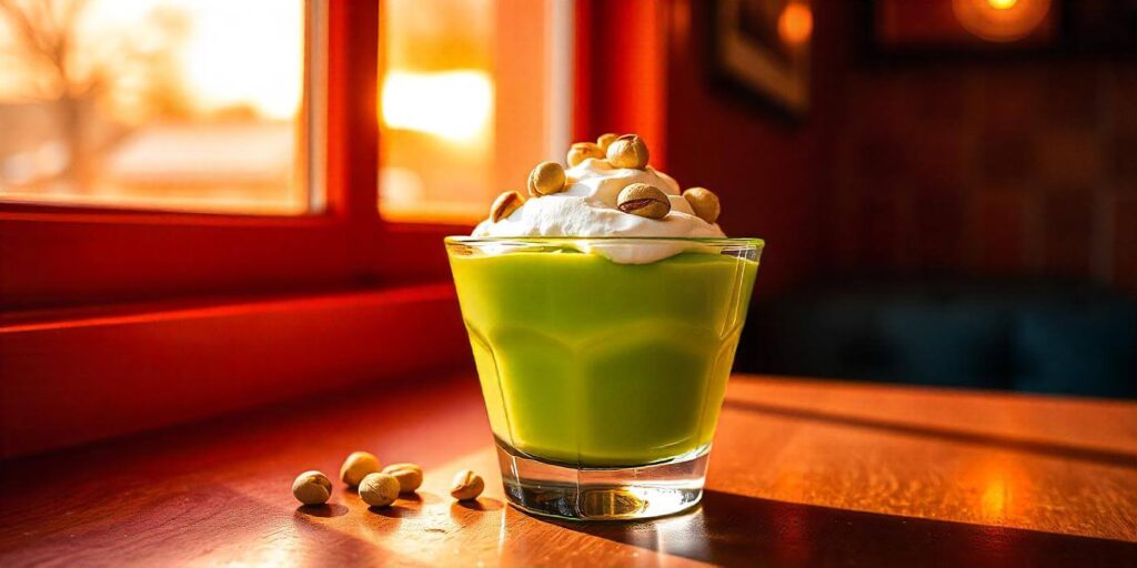 Pistachio pudding served in a glass dish with a dollop of whipped cream on top.