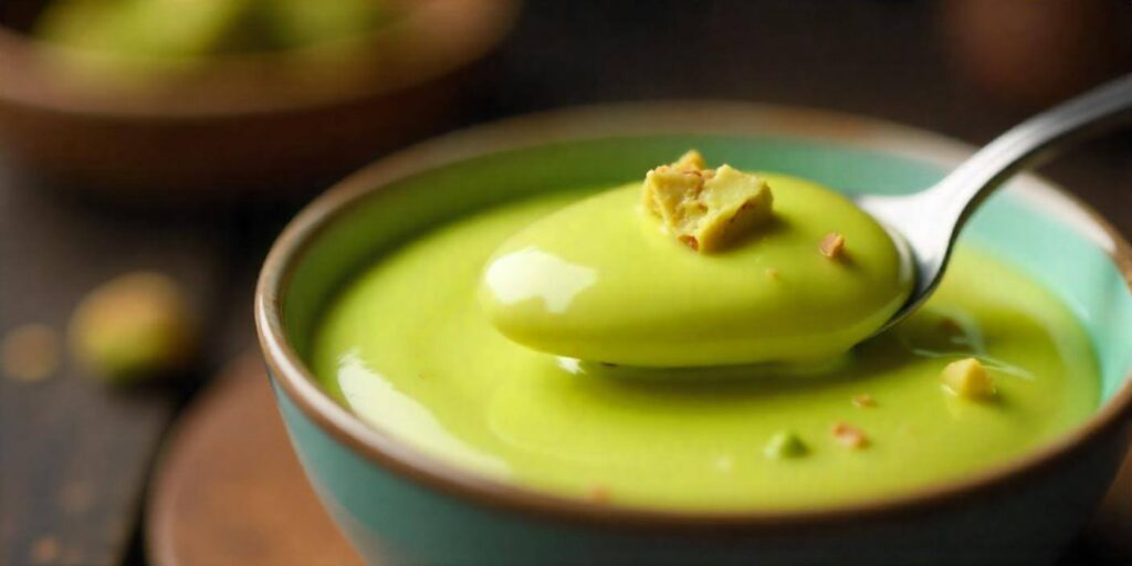 Close-up of a spoon scooping rich, velvety pistachio pudding.