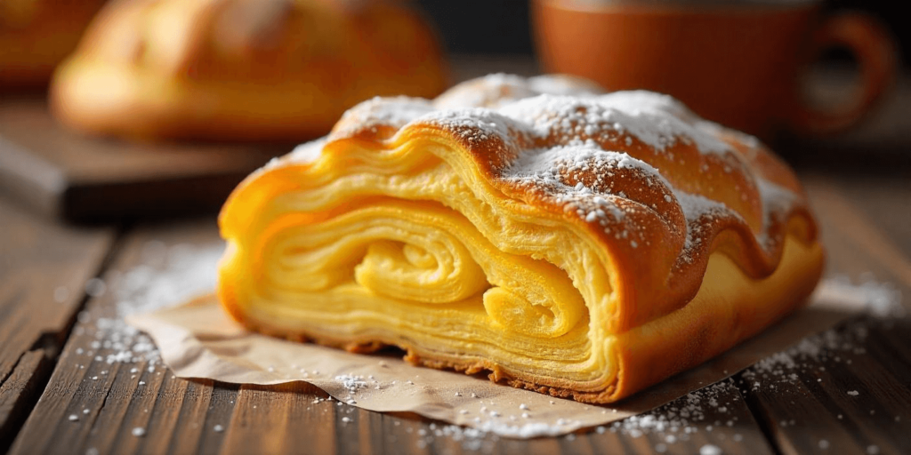 Freshly baked Swiss Gipfeli on a wooden board, golden and flaky.