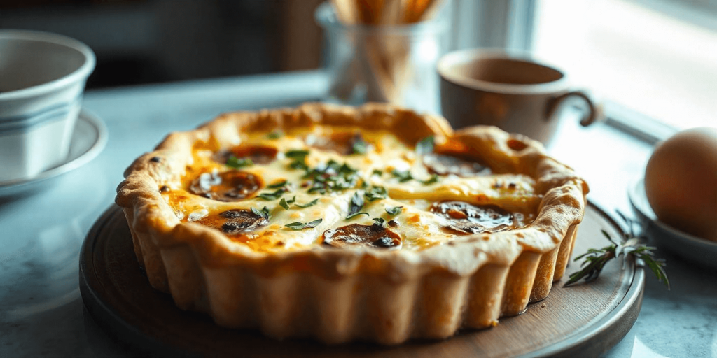 Baked sausage quiche in a pie dish, ready to be sliced