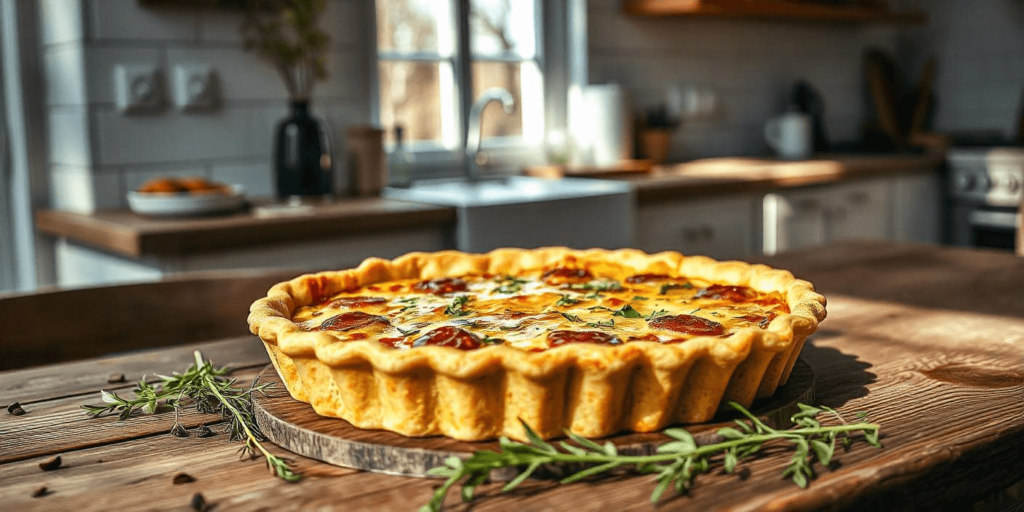 Homemade sausage quiche recipe with golden, flaky crust