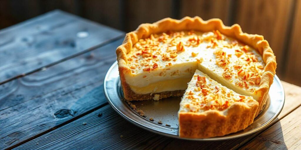 aked coconut custard pie cooling on a rustic wooden table