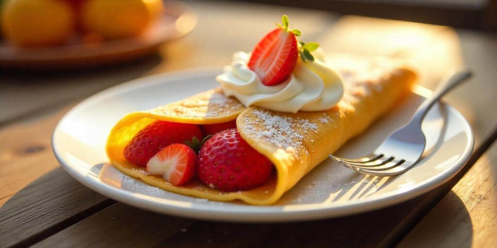 Close-up of a stuffed savory crepe garnished with strawberries