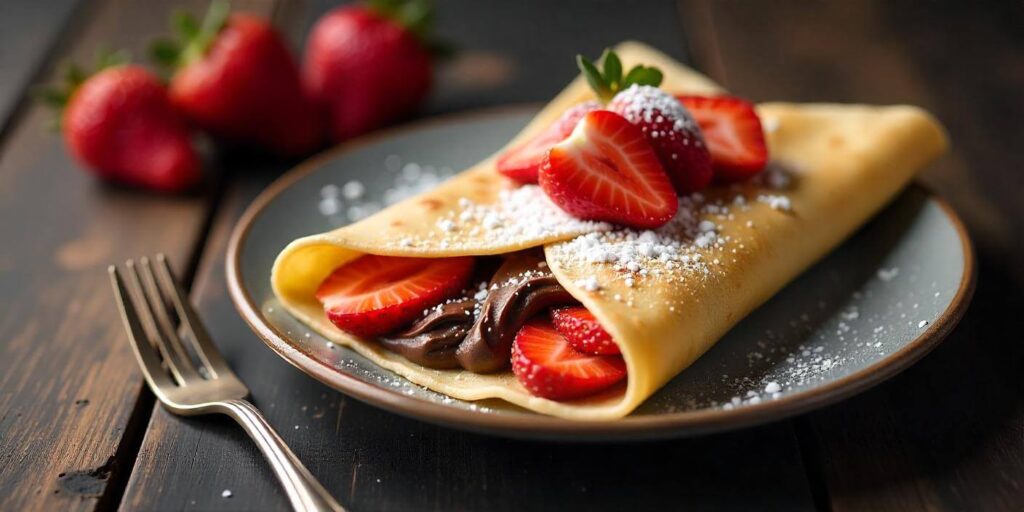 Golden brown savory crepe folded with chocolate and strawberries