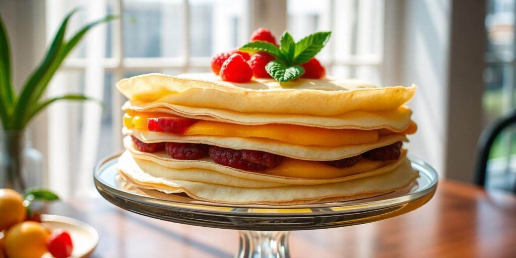 Chocolate drizzled crepe cake on a cake stand