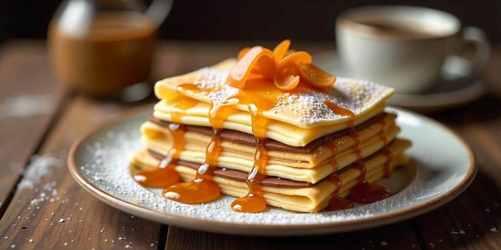 Sliced crepe cake showing delicate layers with a dusting of powdered sugar