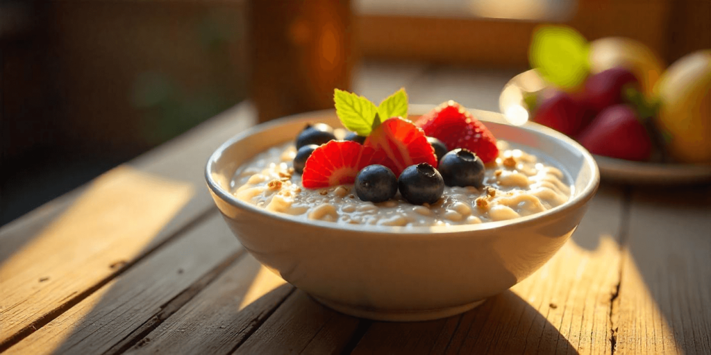 High-protein overnight oats topped with banana and chia seeds