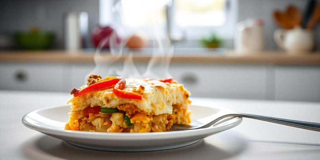 A casserole dish filled with hashbrowns, cheese, and sausage