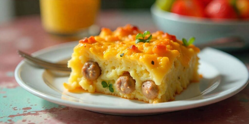 A slice of cheesy hashbrown casserole on a plate, ready to serve for breakfast