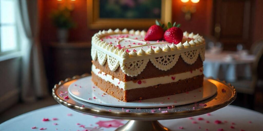 Image of a beautifully decorated heart-shaped cake with fondant and rose details.