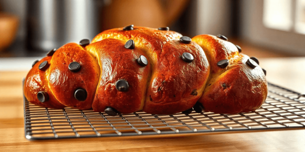 Close-up of soft, fluffy chocolate chip brioche with melted chocolate inside.