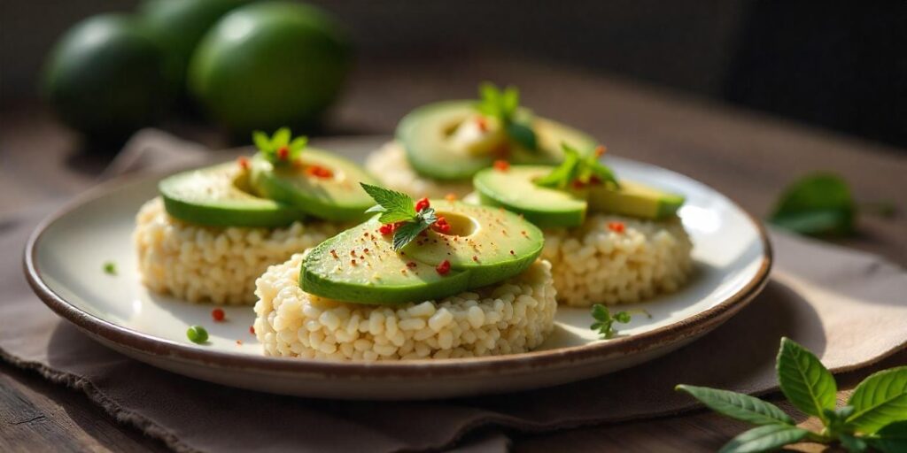 A stack of crispy rice cakes topped with avocado and sesame seeds on a plate