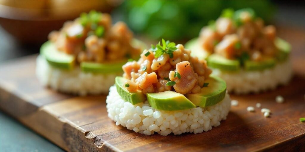 Savory rice cakes served with vegetables and a dipping sauce on a wooden board.