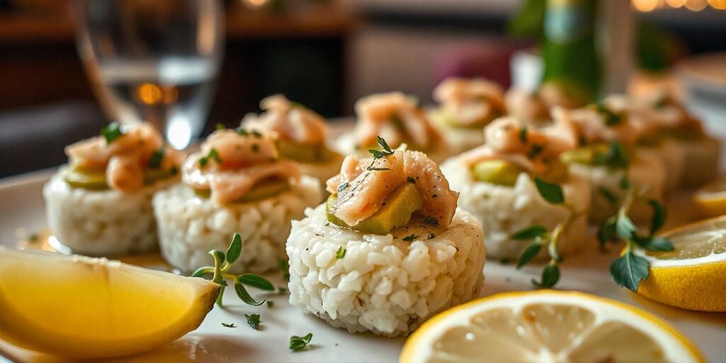 rice cakes in a spicy sauce garnished with sesame seeds.