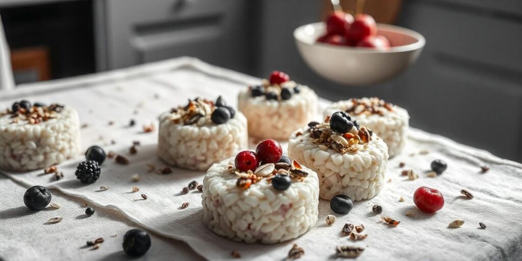 Sweet rice cake dessert with fresh fruit and honey drizzle