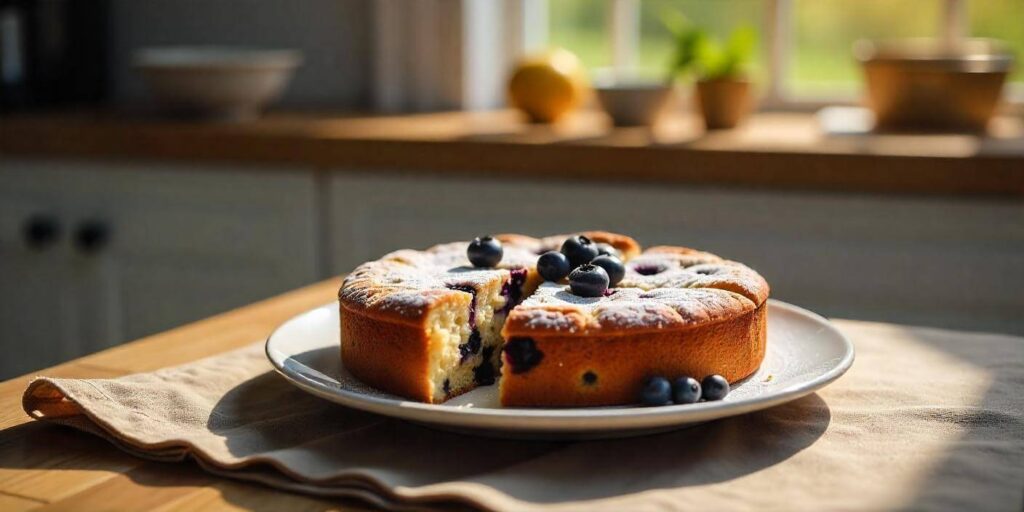 Delicious blueberry breakfast cake with berries inside, perfect for morning gatherings