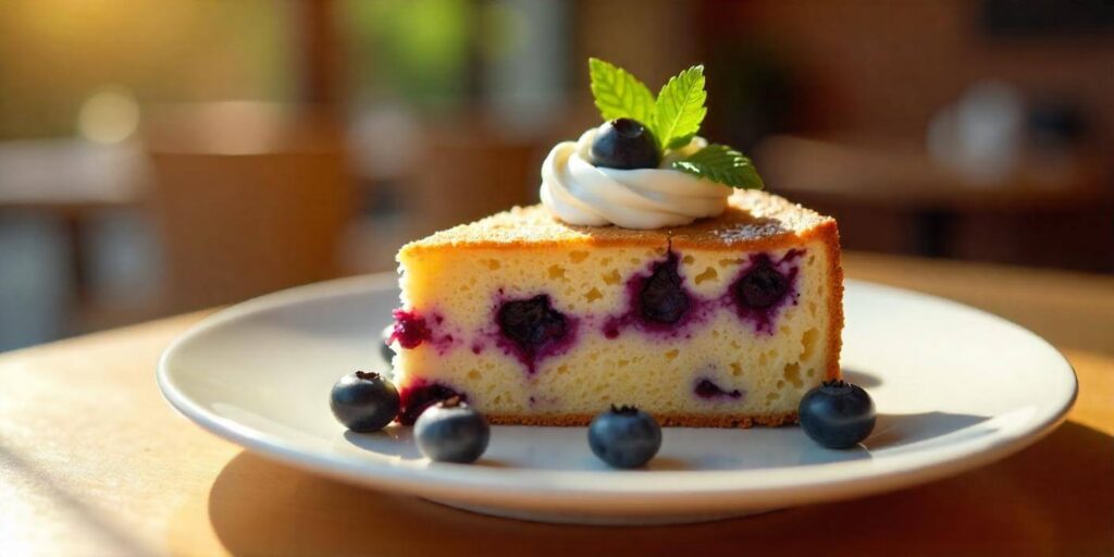 A slice of blueberry breakfast cake with a golden-brown crust and fresh blueberries