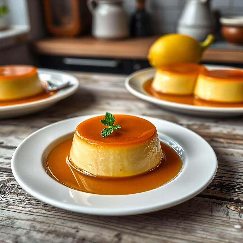 A whole leche flan ready to be served, garnished with a shiny caramel top.