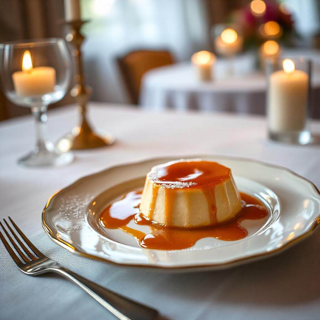 An elegant serving of leche flan on a dessert platter with caramel sauce.