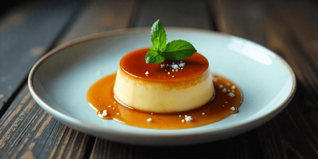 A smooth, golden slice of leche flan on a plate with a caramel glaze.