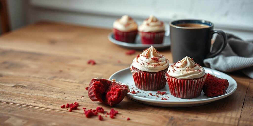 A batch of red velvet cupcakes with a smooth cream cheese frosting swirl.