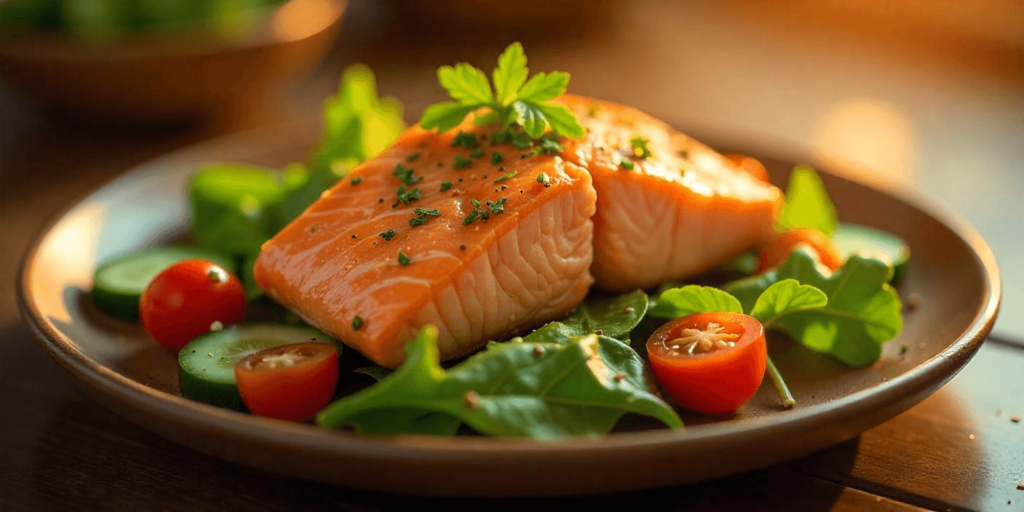 Salmon and roasted vegetables served on a plate for a balanced high-protein meal