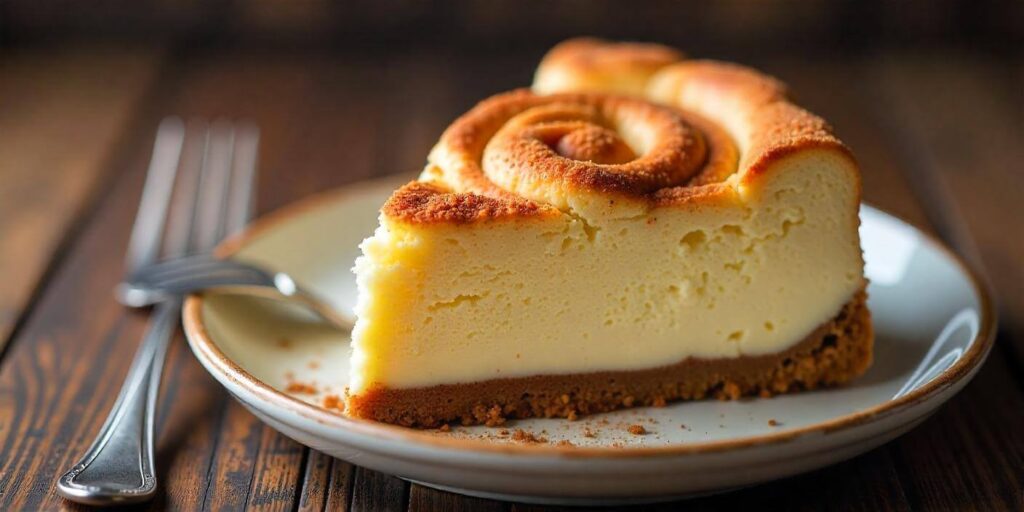 A close-up of a slice of cinnamon roll cheesecake