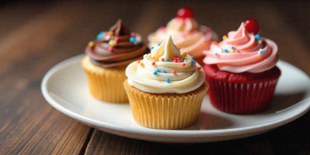 A close-up of regular-sized cupcakes with smooth frosting and a topping of sprinkles.