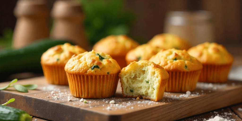 A plate with several zucchini muffins, garnished with a dusting of powdered sugar.