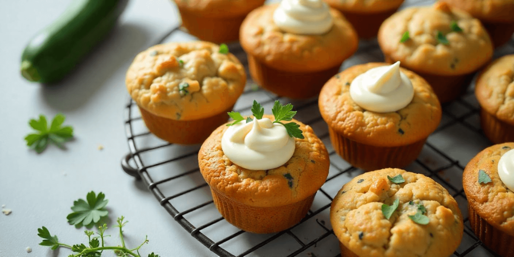 Freshly baked cream cheese zucchini muffins on a cooling rack, showcasing their golden tops.