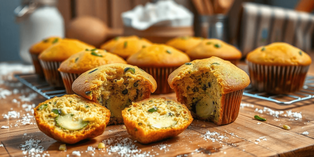 A close-up of a sliced muffin, revealing the creamy cheese swirl inside.