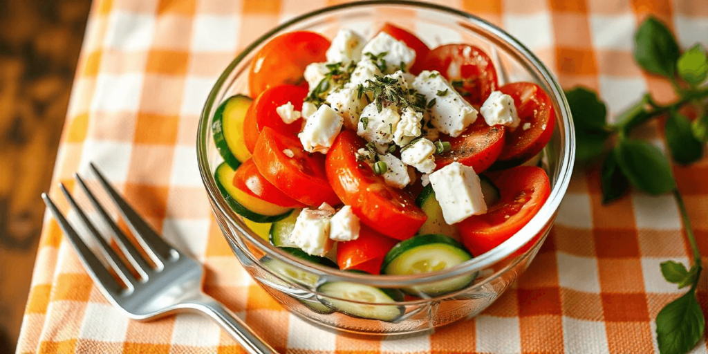 A serving of cucumber tomato feta salad with a fork on the side